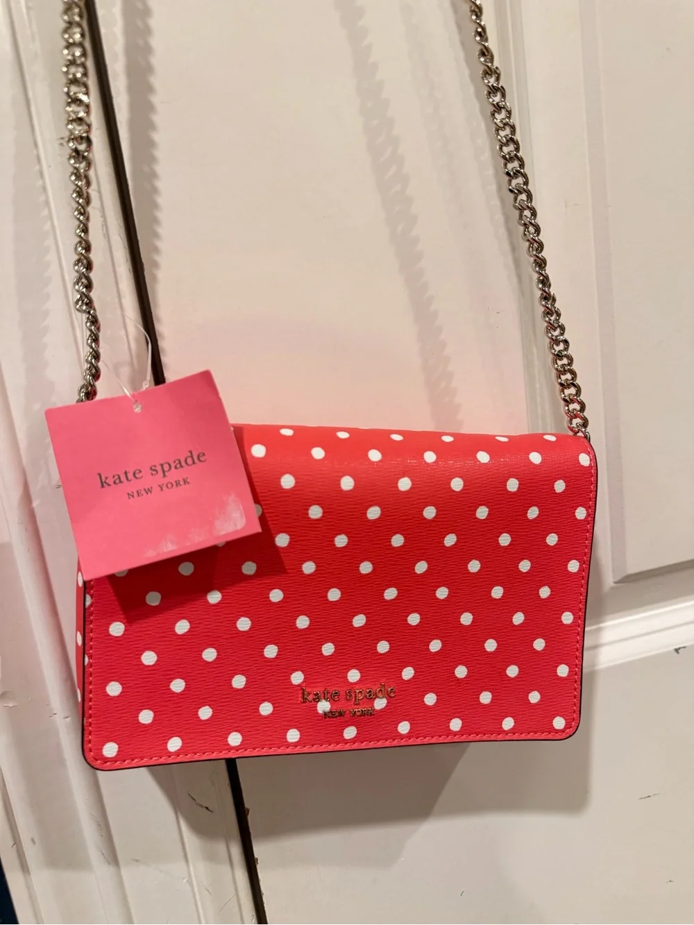 Kate Spade Hot Pink Polka Dot Saffiano Leather Crossbody with Gold Chain